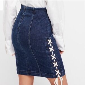 Free People Above Knee Denim Pencil Skirt With Side Criss Cross Ties Size 12